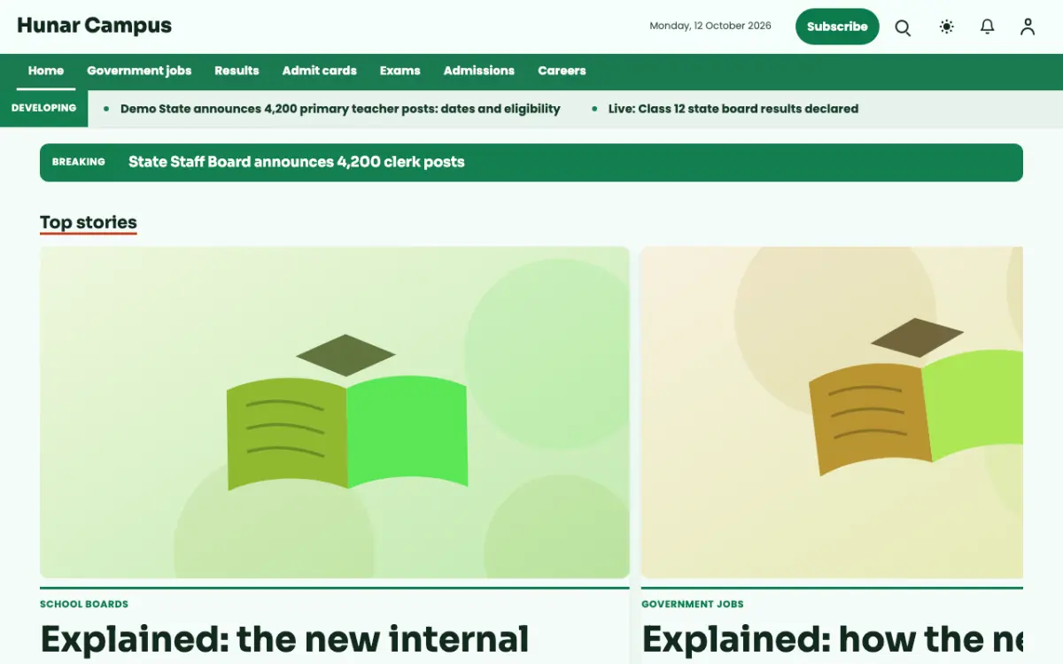 Craftbench — Education News website template, desktop view
