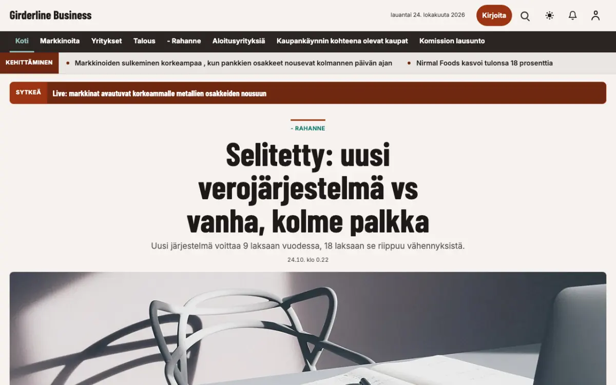Girderline – verkkosivumalli (Talous News), työpöytänäkymä