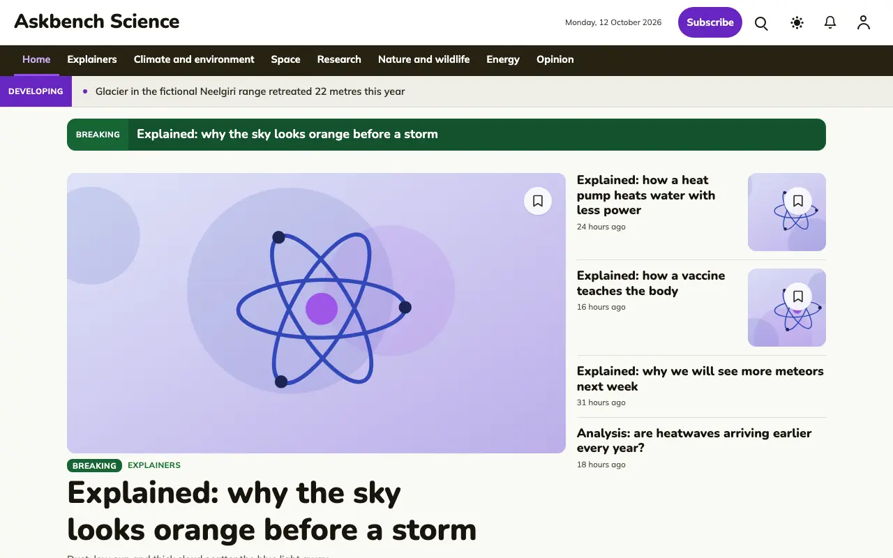 Askbench — Science News website template, full desktop view