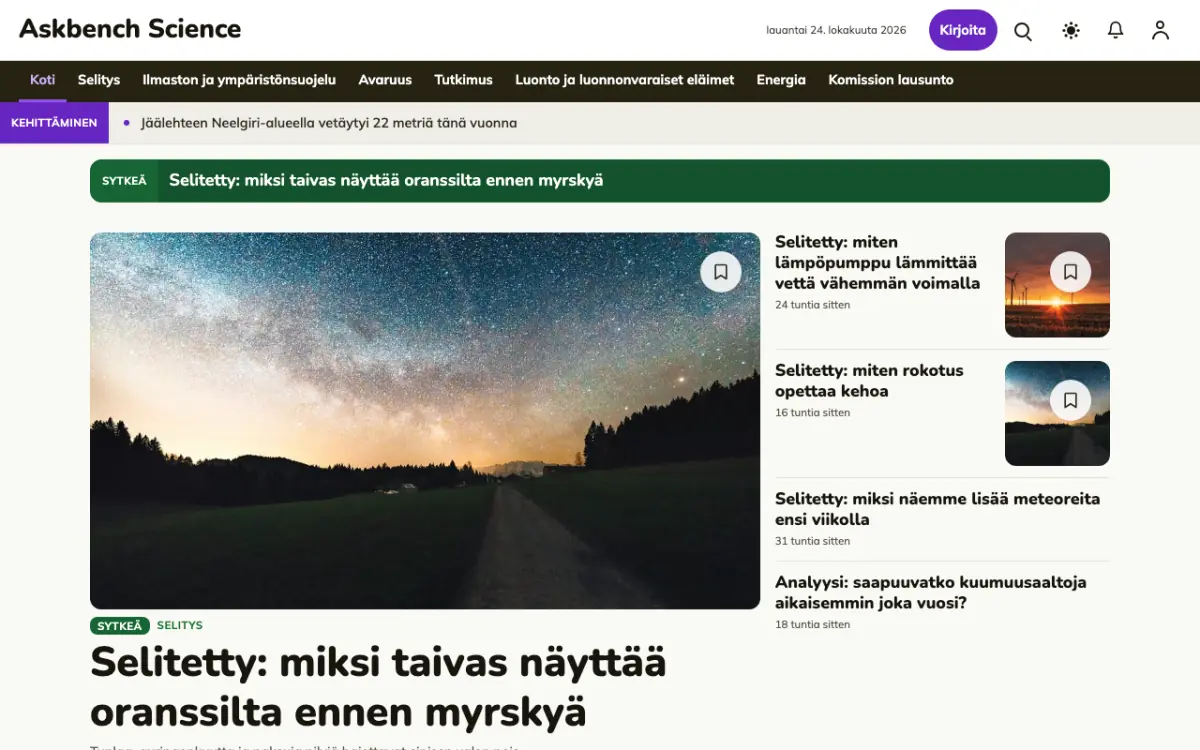 Askbench – verkkosivumalli (Tiede News), työpöytänäkymä