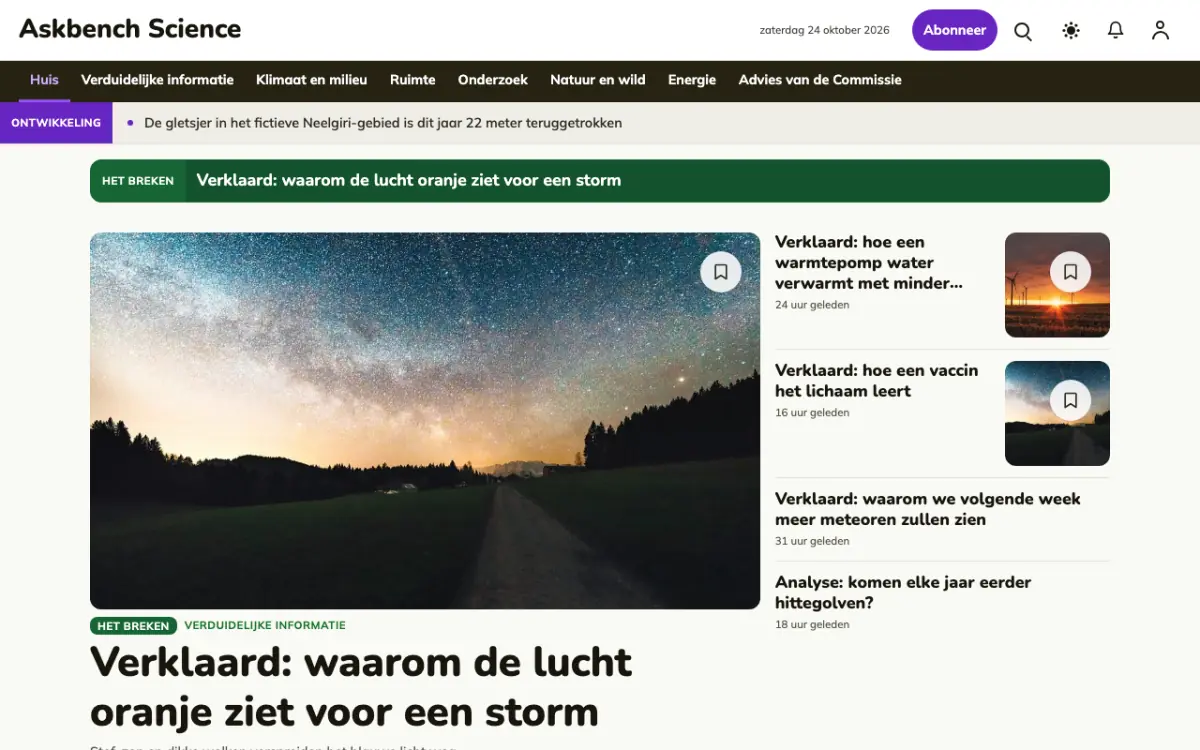 Askbench – websitetemplate voor Wetenschapnieuws, desktopweergave