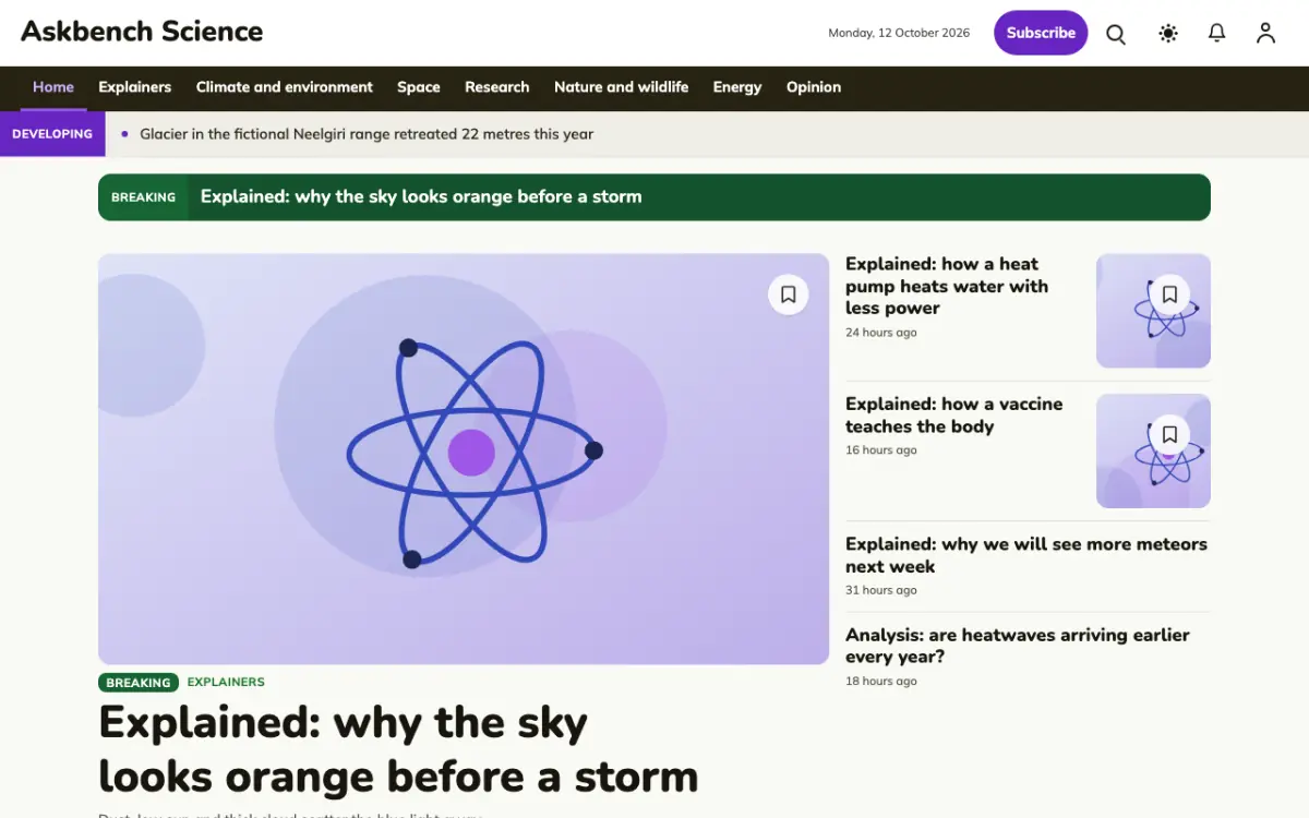 Askbench — Science News website template, desktop view
