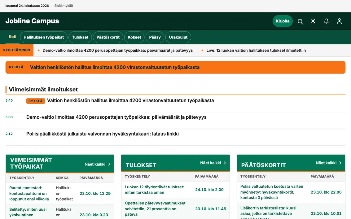 Jobline – verkkosivumalli (Koulutus News), työpöytänäkymä