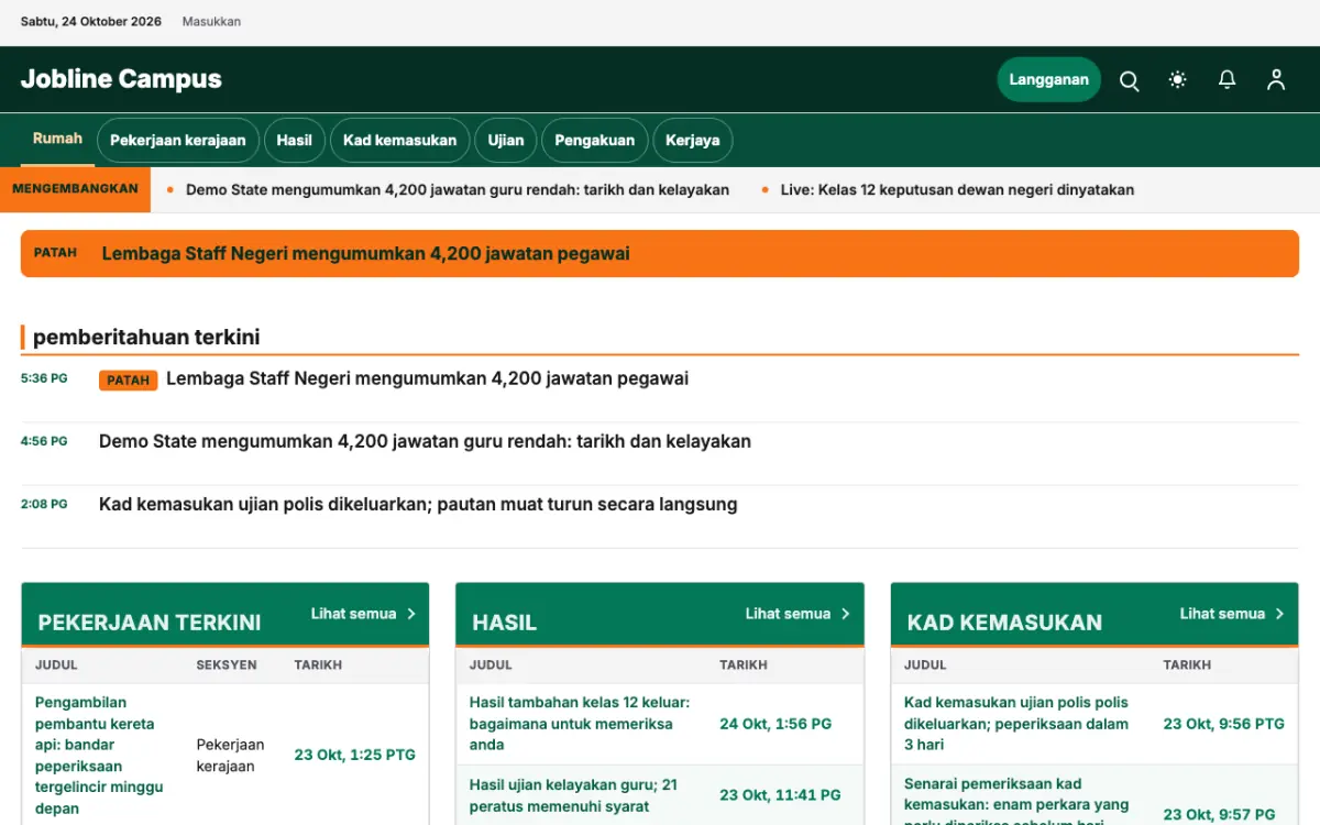 Jobline — templat laman web Berita Pendidikan, paparan desktop