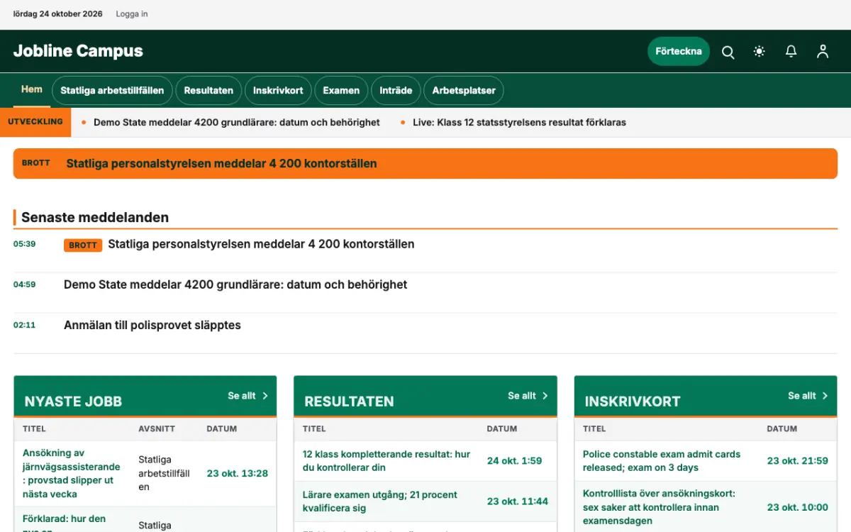 Jobline – webbplatsmall för Utbildning News, skrivbordsvy