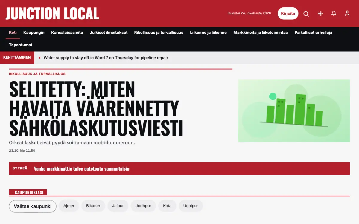 Junction – verkkosivumalli (Paikalliset News), työpöytänäkymä