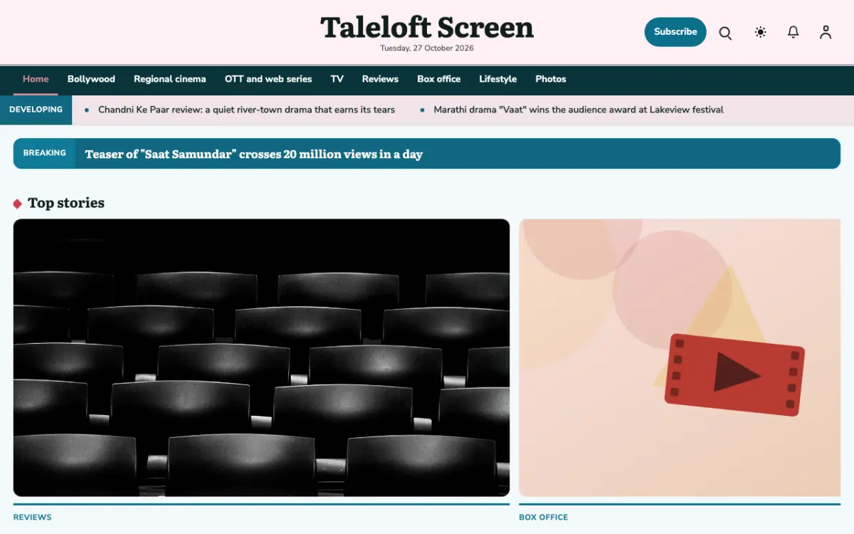 Taleloft — Entertainment News website template, desktop view