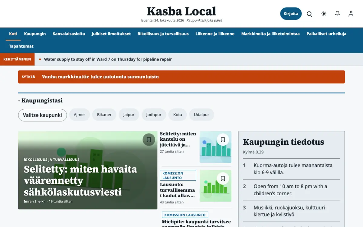 Hamletpost – verkkosivumalli (Paikalliset News), työpöytänäkymä