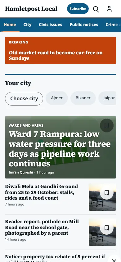 Hamletpost — Local News app, phone view
