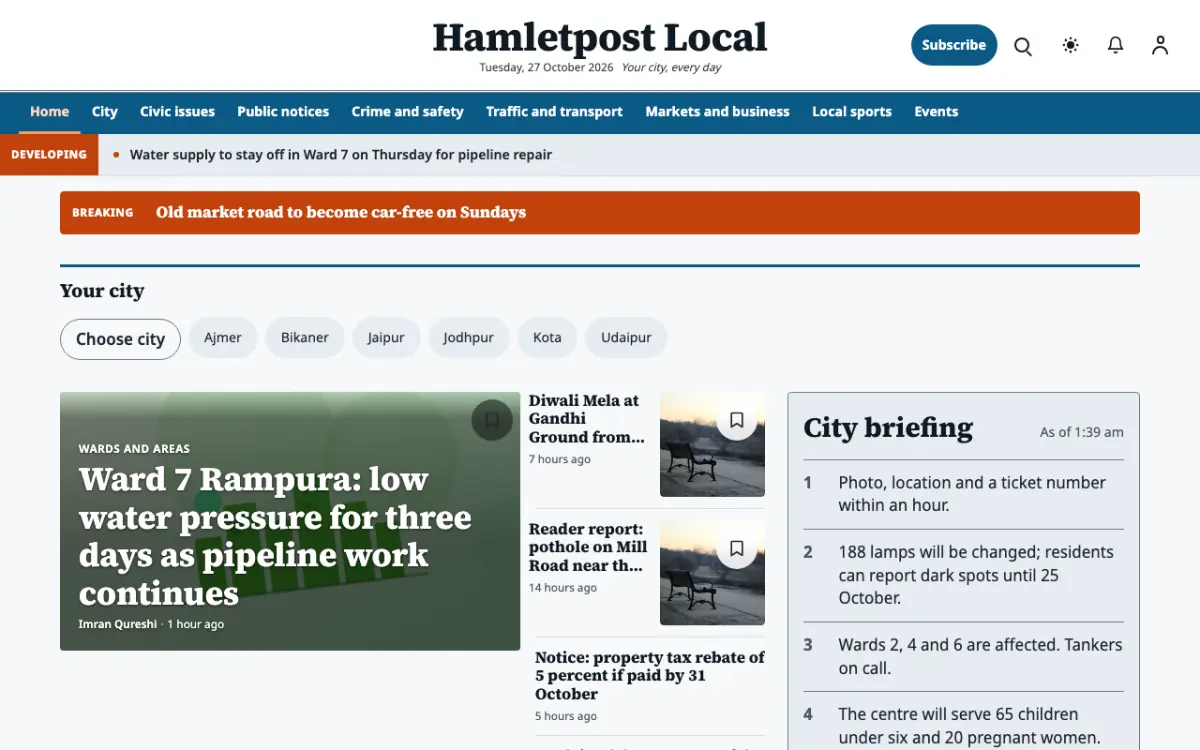 Hamletpost — Local News website template, desktop view