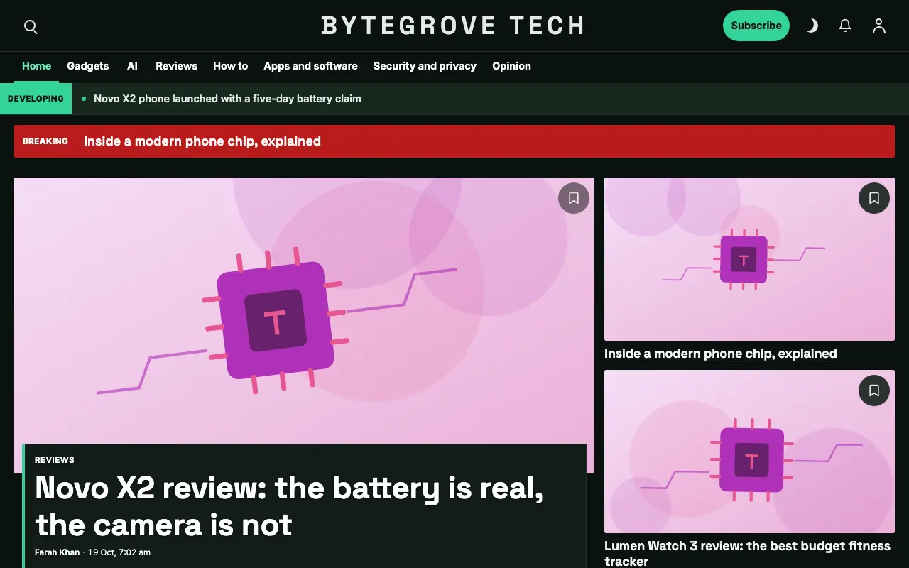 Bytegrove — Technology News website template, full desktop view