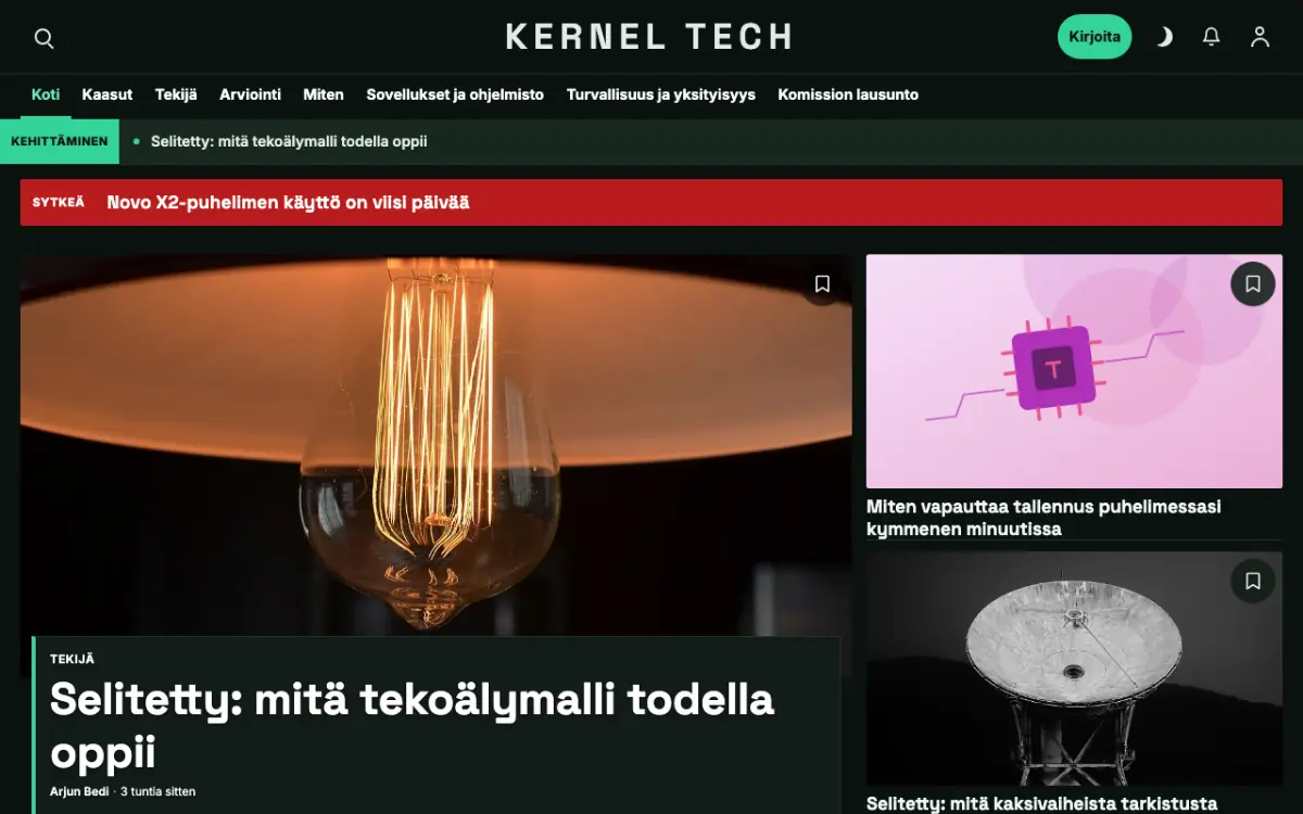 Bytegrove – verkkosivumalli (Teknologia News), työpöytänäkymä