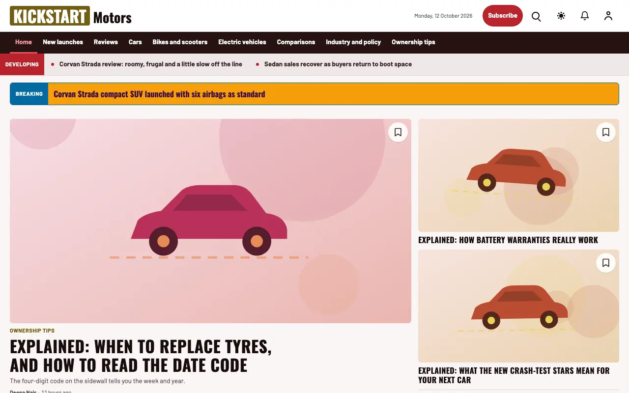 Kickstart — Automotive News website template, full desktop view