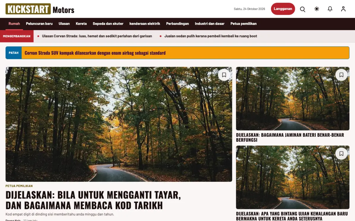 Kickstart — templat laman web Berita Automotif, paparan desktop