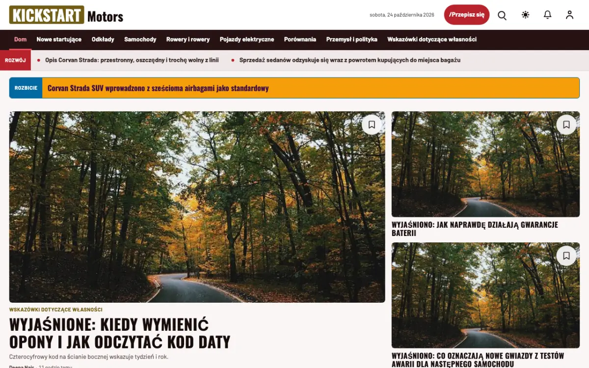 Kickstart – szablon strony (Motoryzacja: wiadomości), widok na komputerze