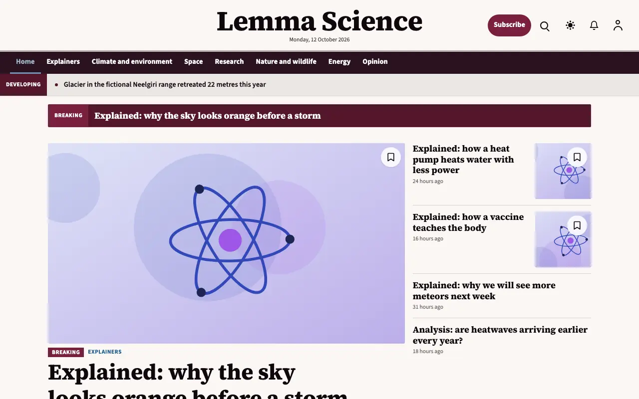 Lemma — Science News website template, full desktop view