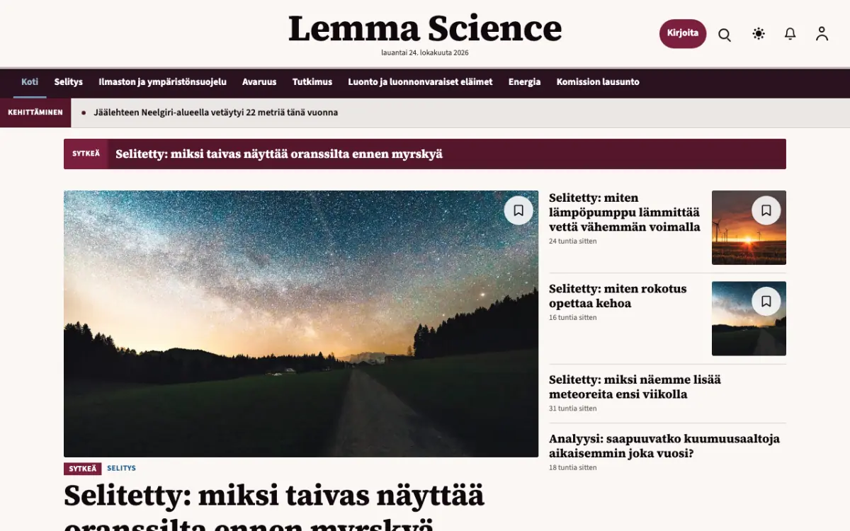 Lemma – verkkosivumalli (Tiede News), työpöytänäkymä
