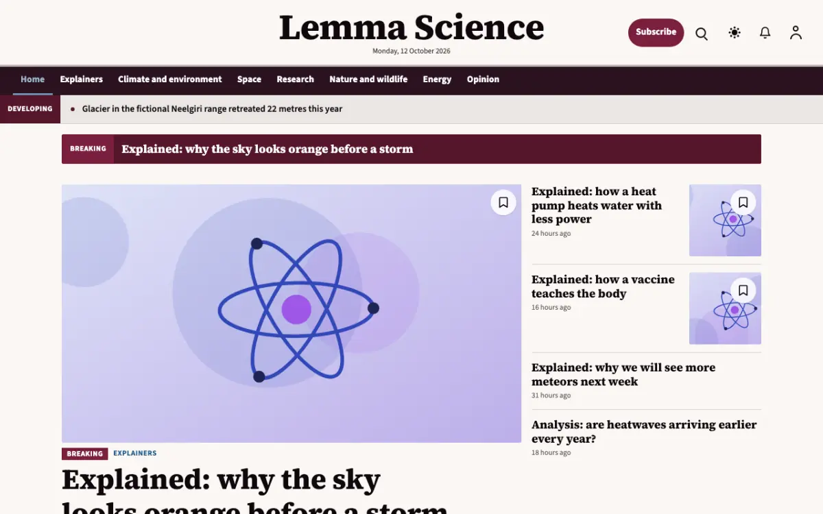 Lemma — Science News website template, desktop view