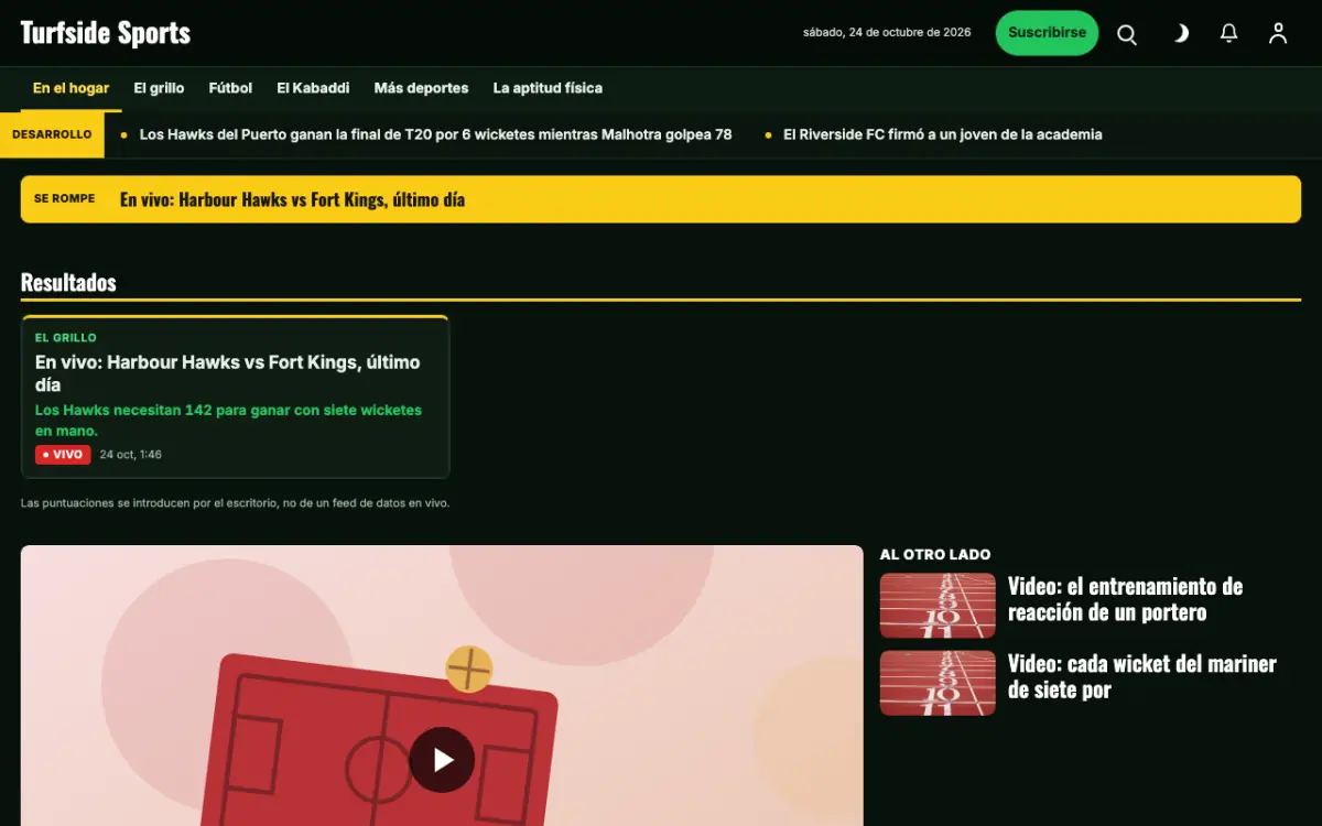 Turfside — plantilla de sitio web de Noticias de Deportes, vista de escritorio