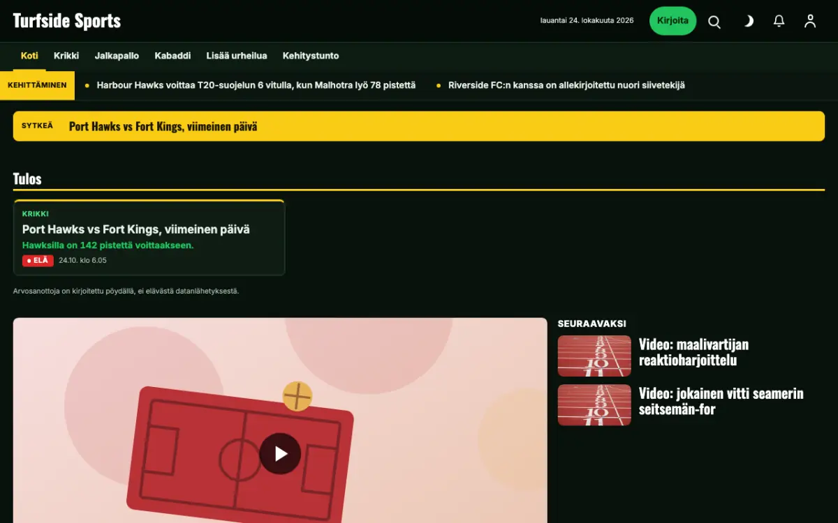 Turfside – verkkosivumalli (Urheilu News), työpöytänäkymä