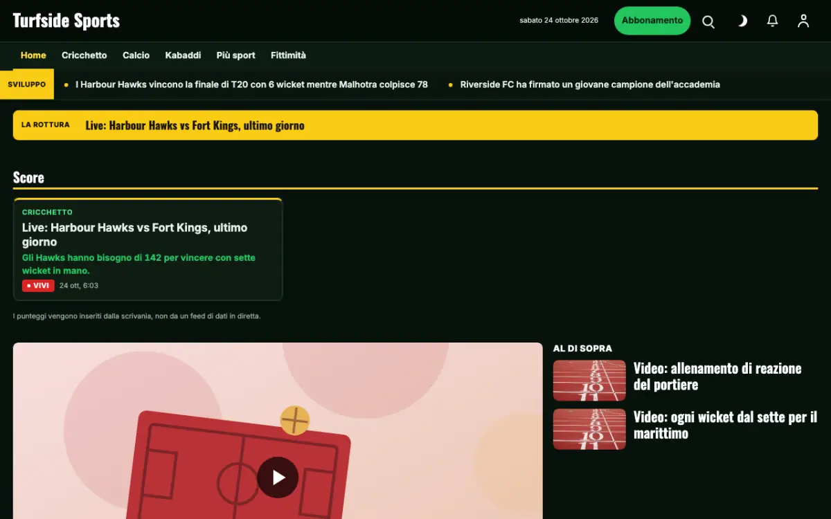 Turfside – template di sito per News Sport, vista desktop