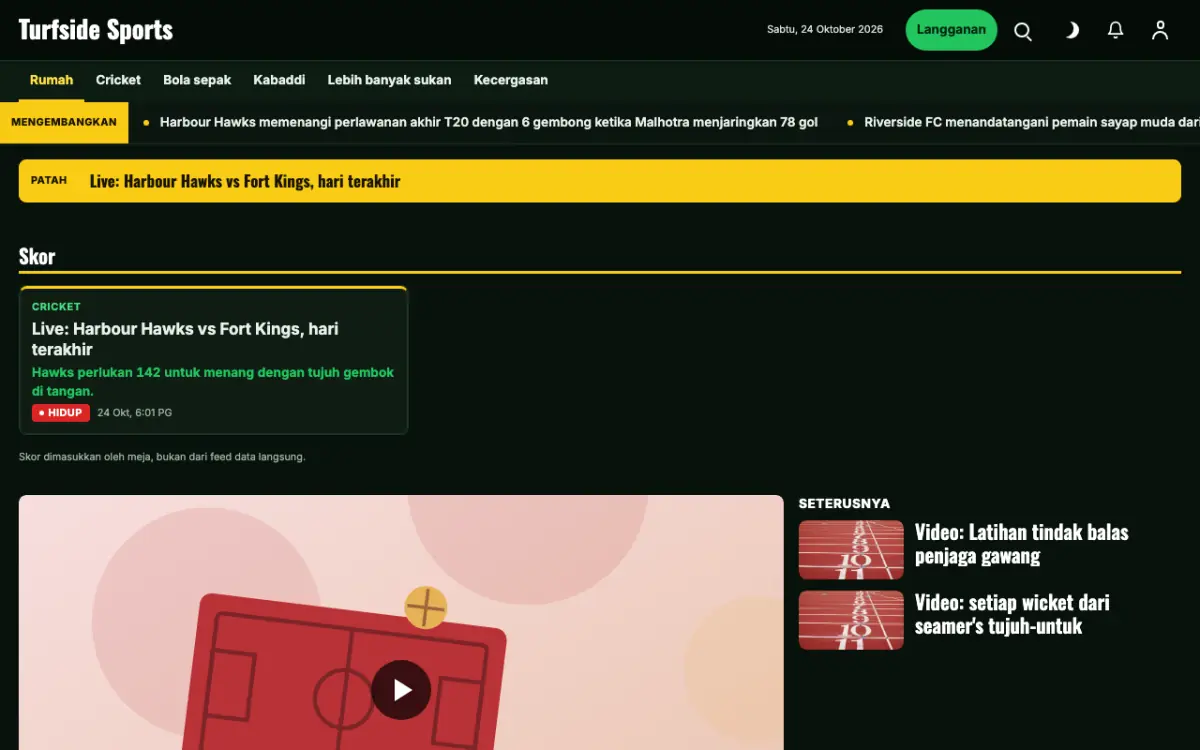 Turfside — templat laman web Berita Sukan, paparan desktop