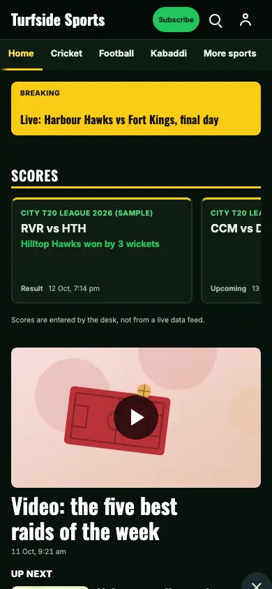 Turfside — Sports News app, phone view