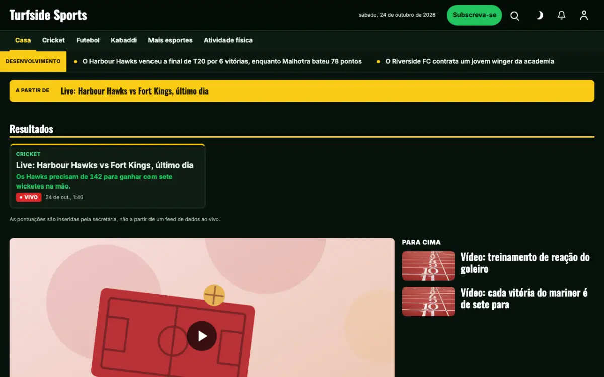Turfside — modelo de site de Notícias de Esportes, visualização em desktop