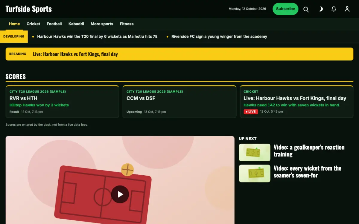 Turfside — Sports News website template, desktop view