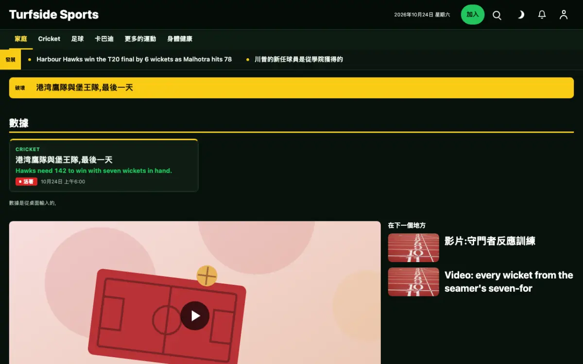 Turfside — 體育新聞網站範本，桌面版預覽