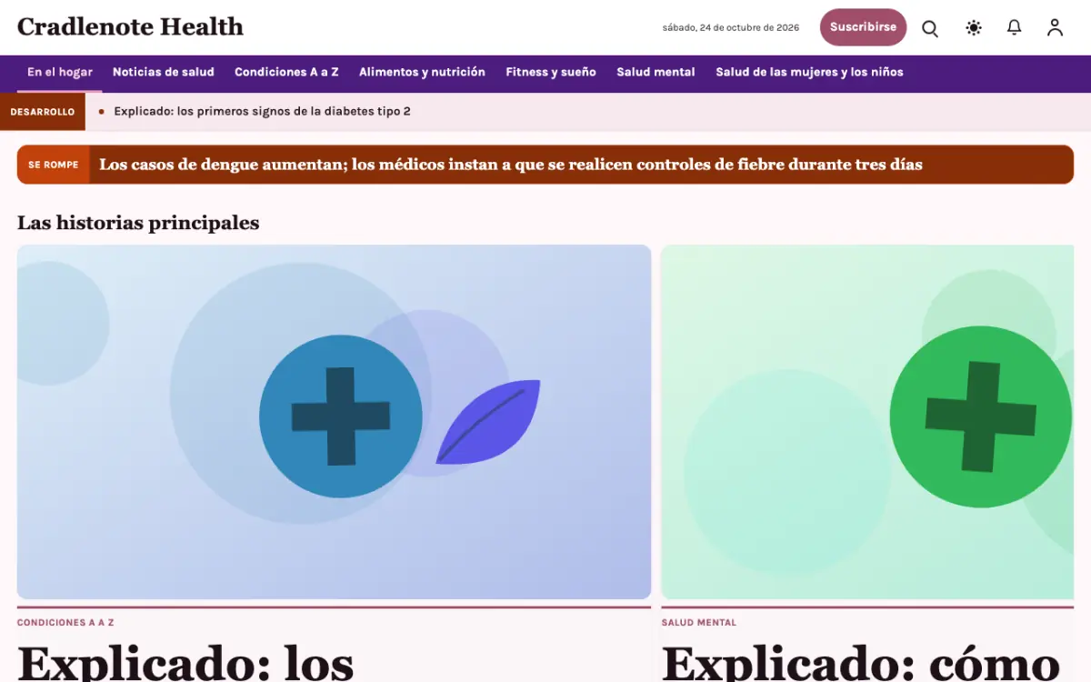 Cradlenote — plantilla de sitio web de Noticias de Salud, vista de escritorio