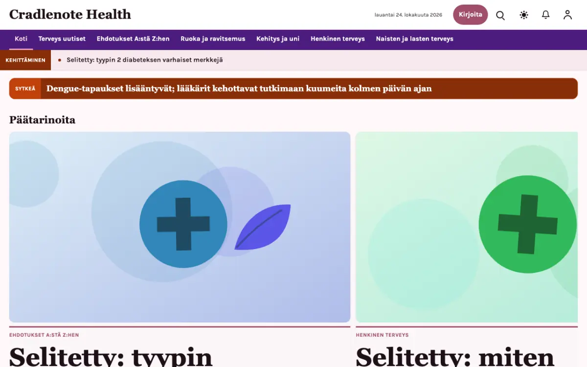 Cradlenote – verkkosivumalli (Terveys News), työpöytänäkymä