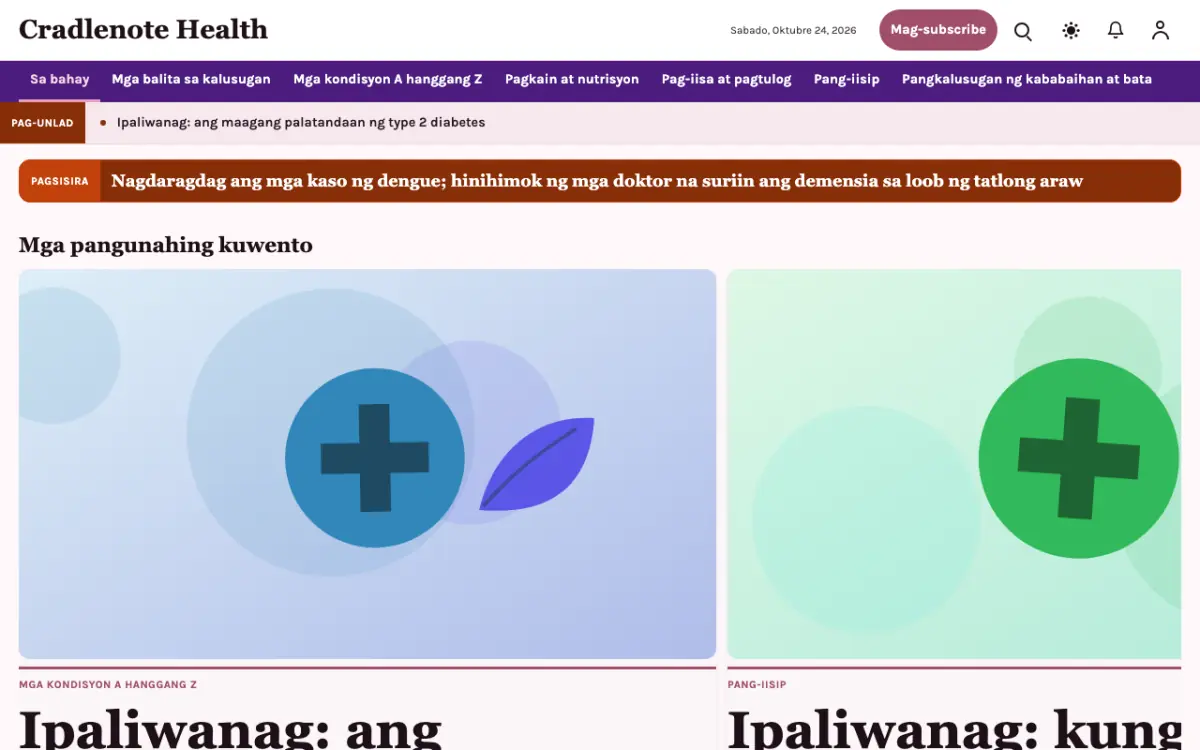 Cradlenote — template ng website na Balitang Kalusugan, tanaw sa desktop