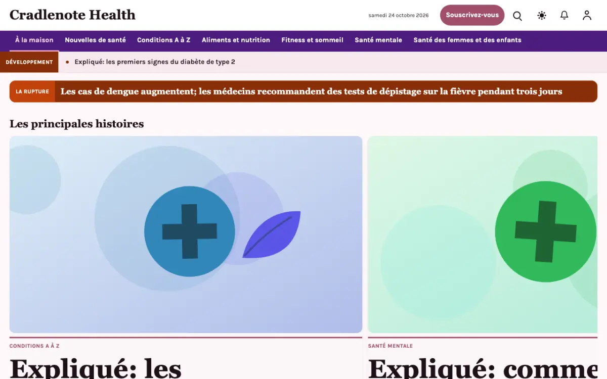 Cradlenote — modèle de site web Actualités Santé, vue sur ordinateur
