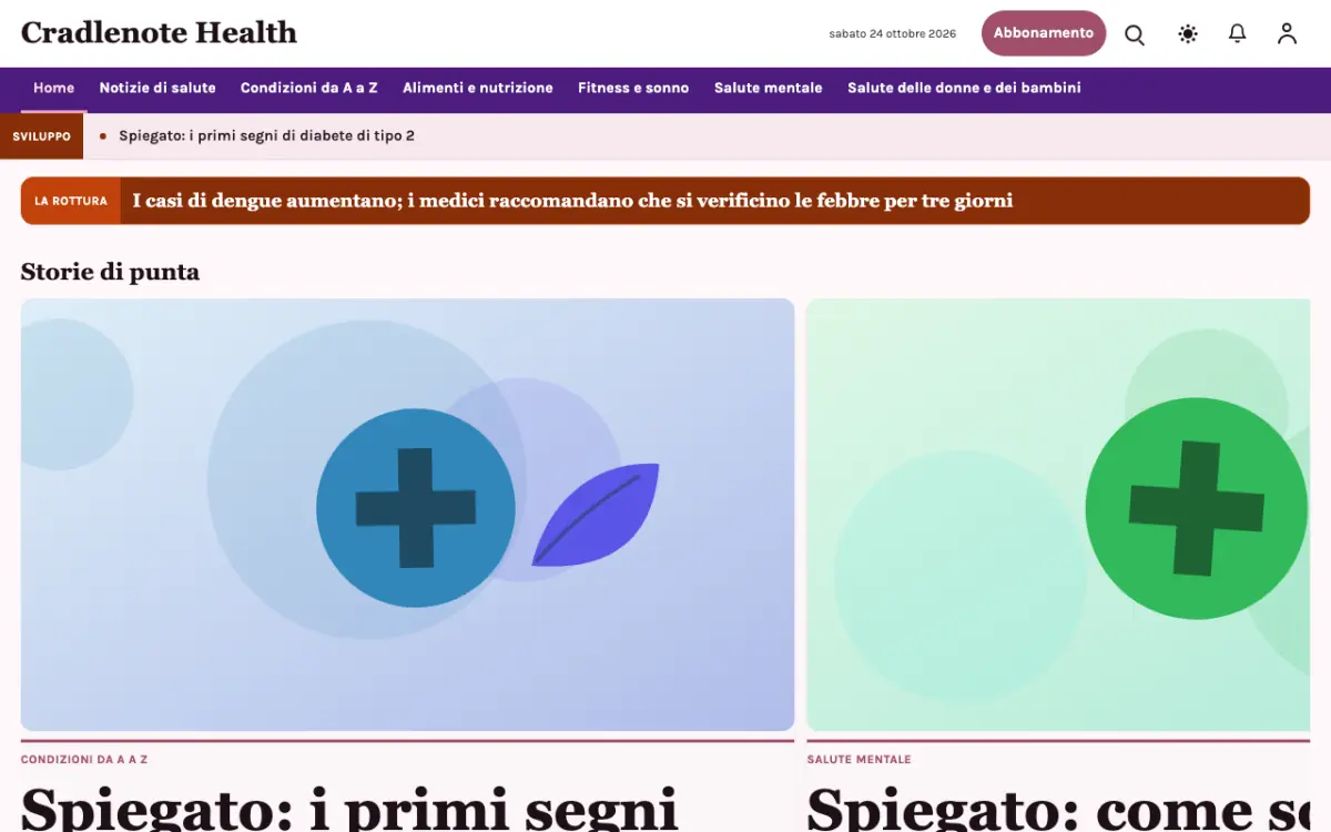 Cradlenote – template di sito per News Salute, vista desktop