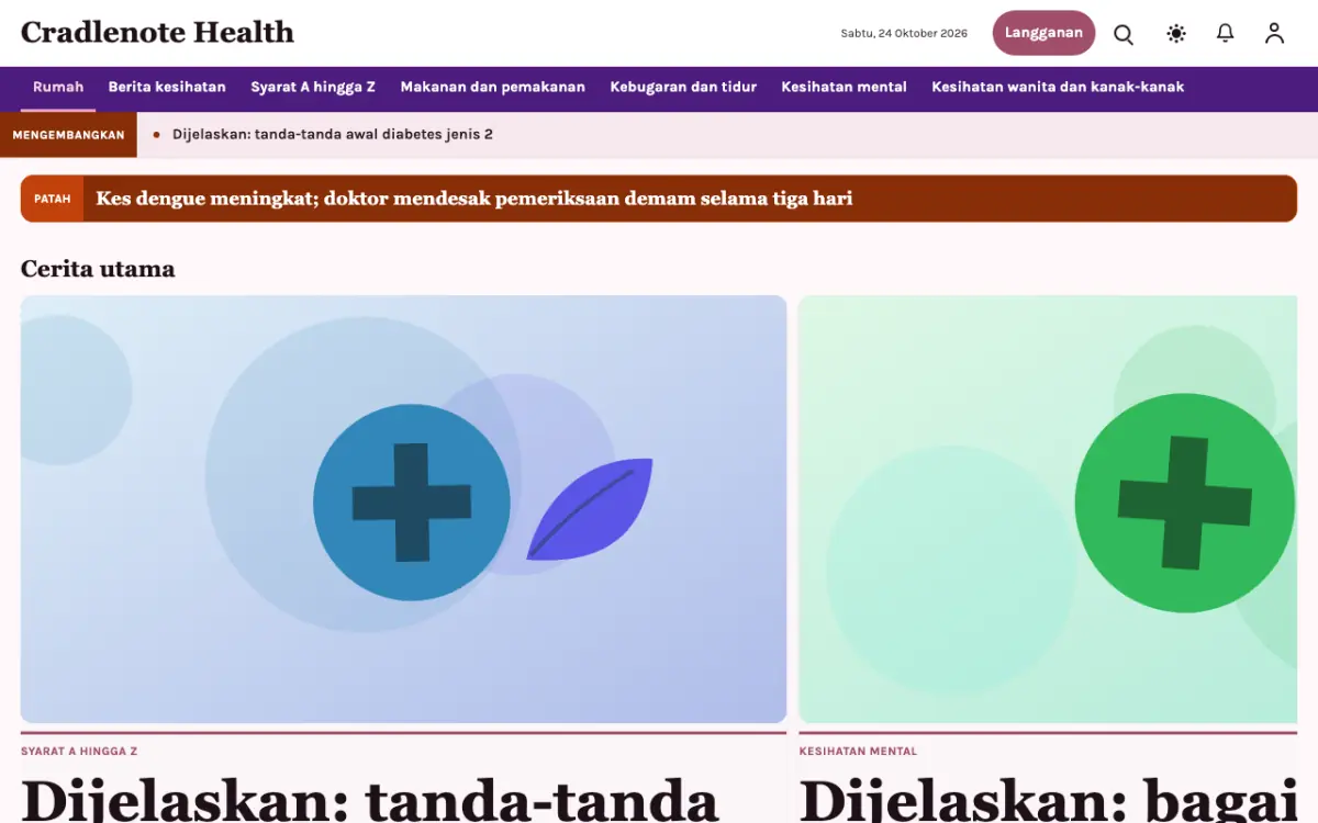 Cradlenote — templat laman web Berita Kesihatan, paparan desktop