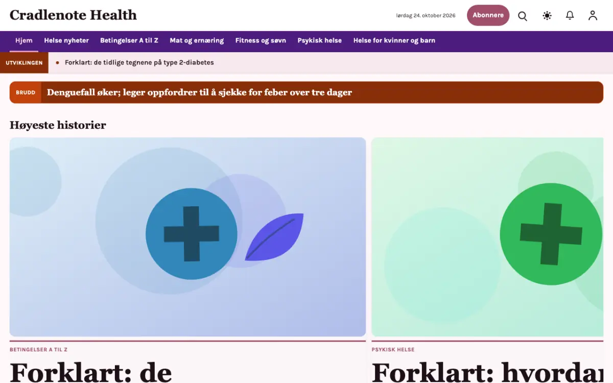 Cradlenote – nettstedmal for Helse News, skrivebordsvisning