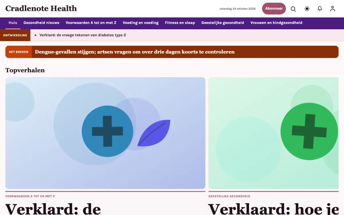 Cradlenote – websitetemplate voor Gezondheidnieuws, desktopweergave