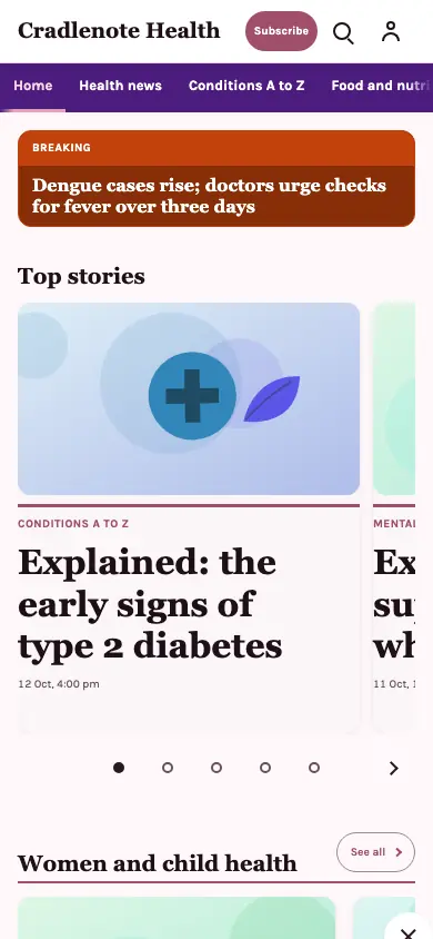 Cradlenote — Health News app, phone view