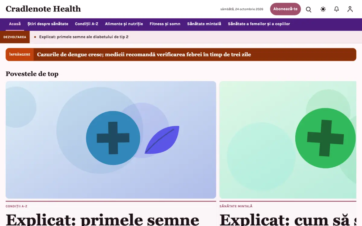 Cradlenote – șablon de site pentru Știri Sănătate, vedere pe desktop