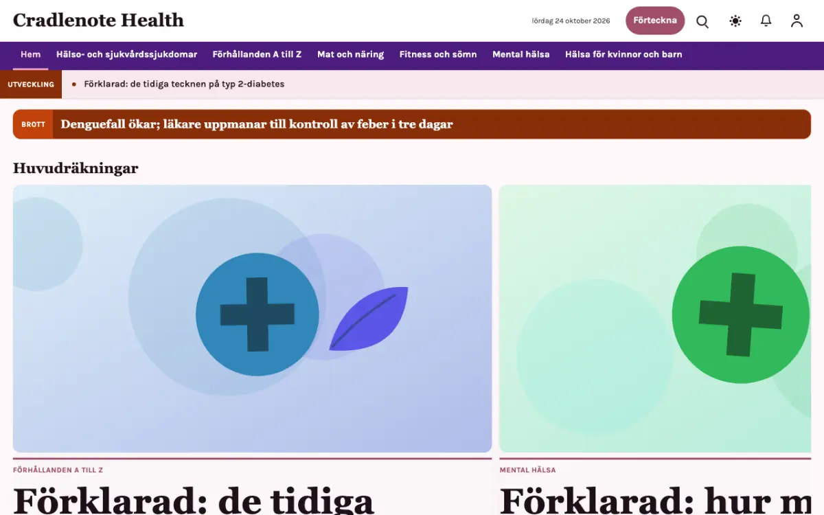 Cradlenote – webbplatsmall för Hälsa News, skrivbordsvy