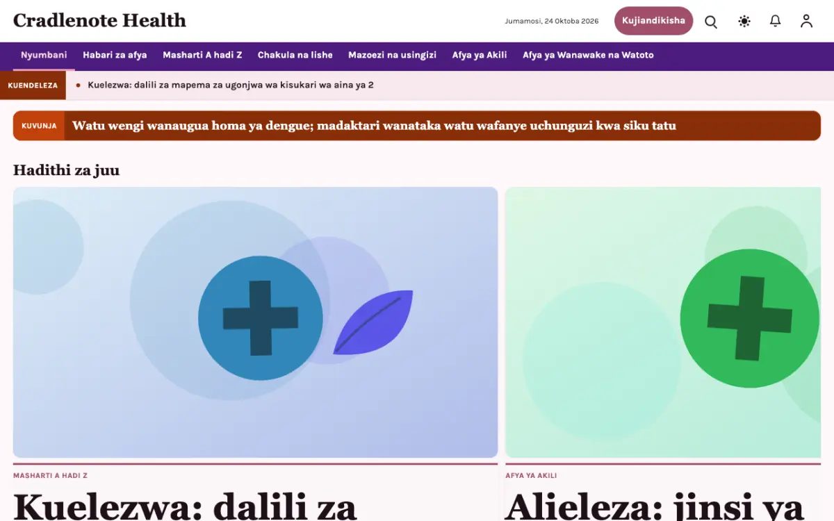 Cradlenote – kiolezo cha tovuti ya Afya News, mwonekano wa kompyuta