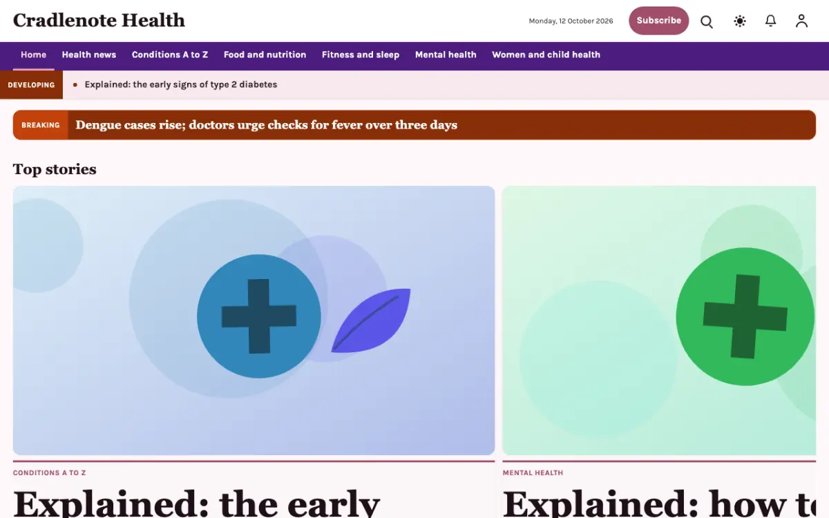 Cradlenote — Health News website template, desktop view
