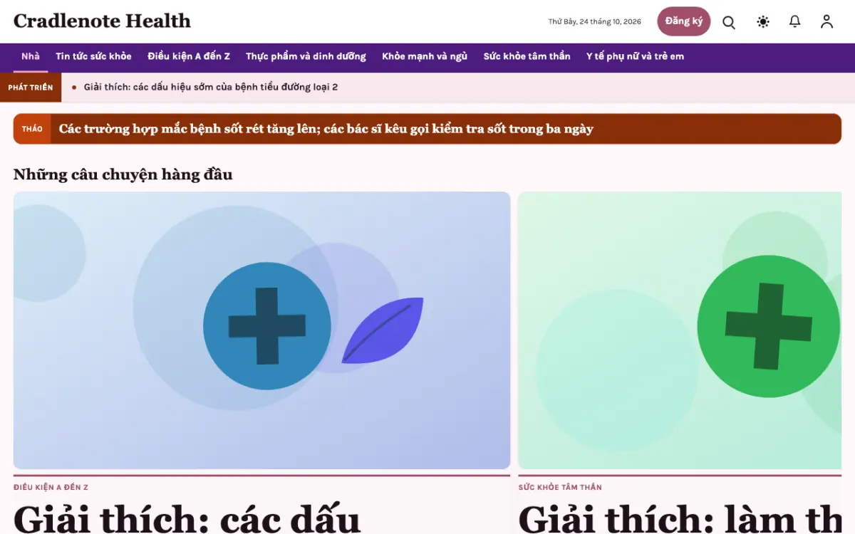 Cradlenote — mẫu website Tin Sức khỏe, giao diện máy tính