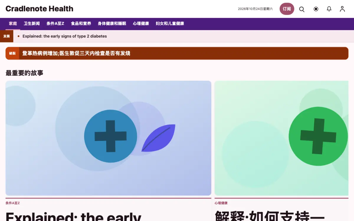 Cradlenote — 健康新闻网站模板，桌面版预览