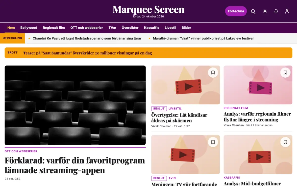 Footlight – webbplatsmall för Nöje News, skrivbordsvy