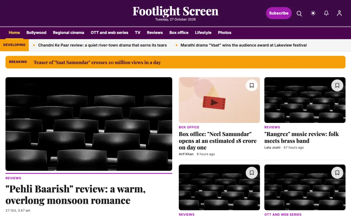 Footlight — Entertainment News website template, desktop view