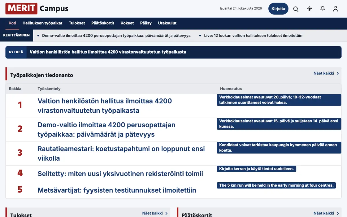 Merit – verkkosivumalli (Koulutus News), työpöytänäkymä