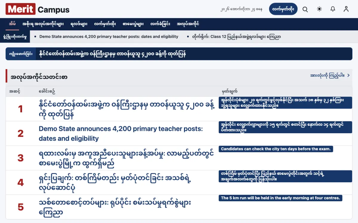 Merit — ပညာရေး သတင်း ဝက်ဘ်ဆိုက်ပုံစံ၊ ကွန်ပျူတာမြင်ကွင်း