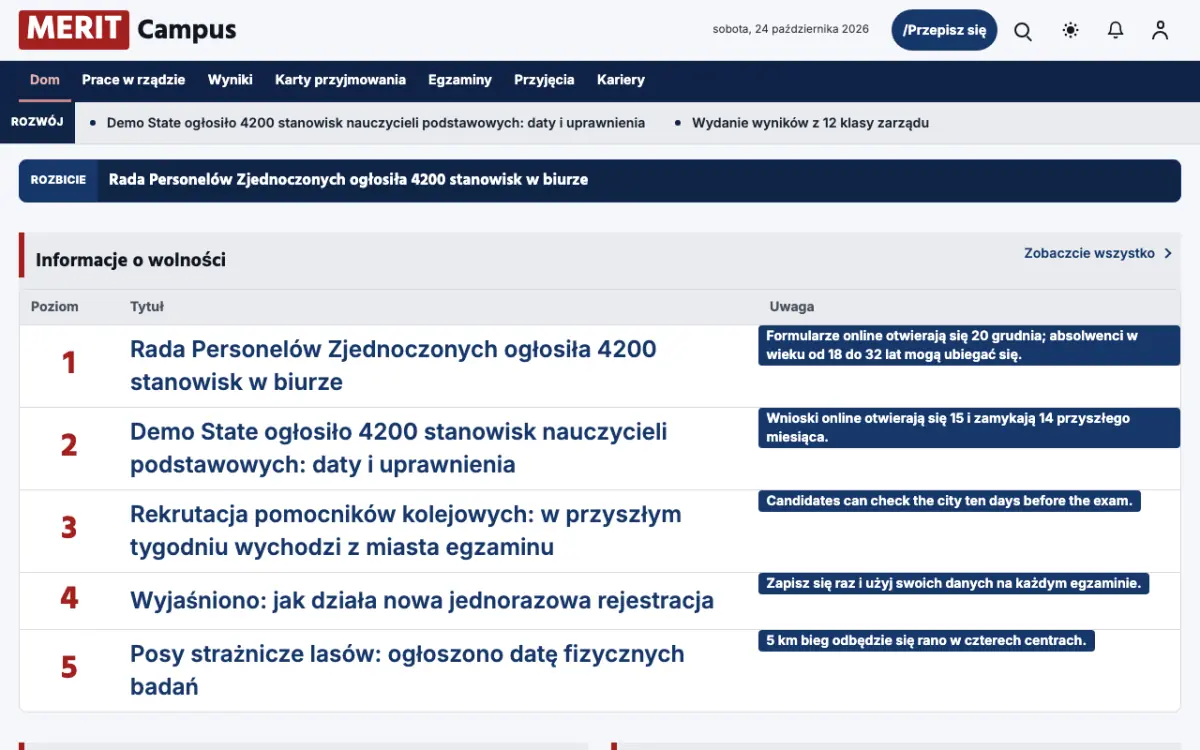 Merit – szablon strony (Edukacja: wiadomości), widok na komputerze